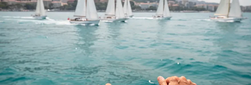 Flotte de voiliers classiques aux voiles blanches lors des Régates Royales dans la baie de Cannes