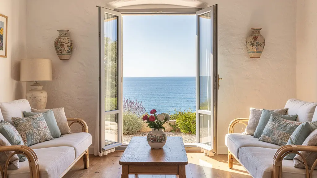 Intérieur lumineux d'un appartement de vacances à Cannes avec vue Méditerranée